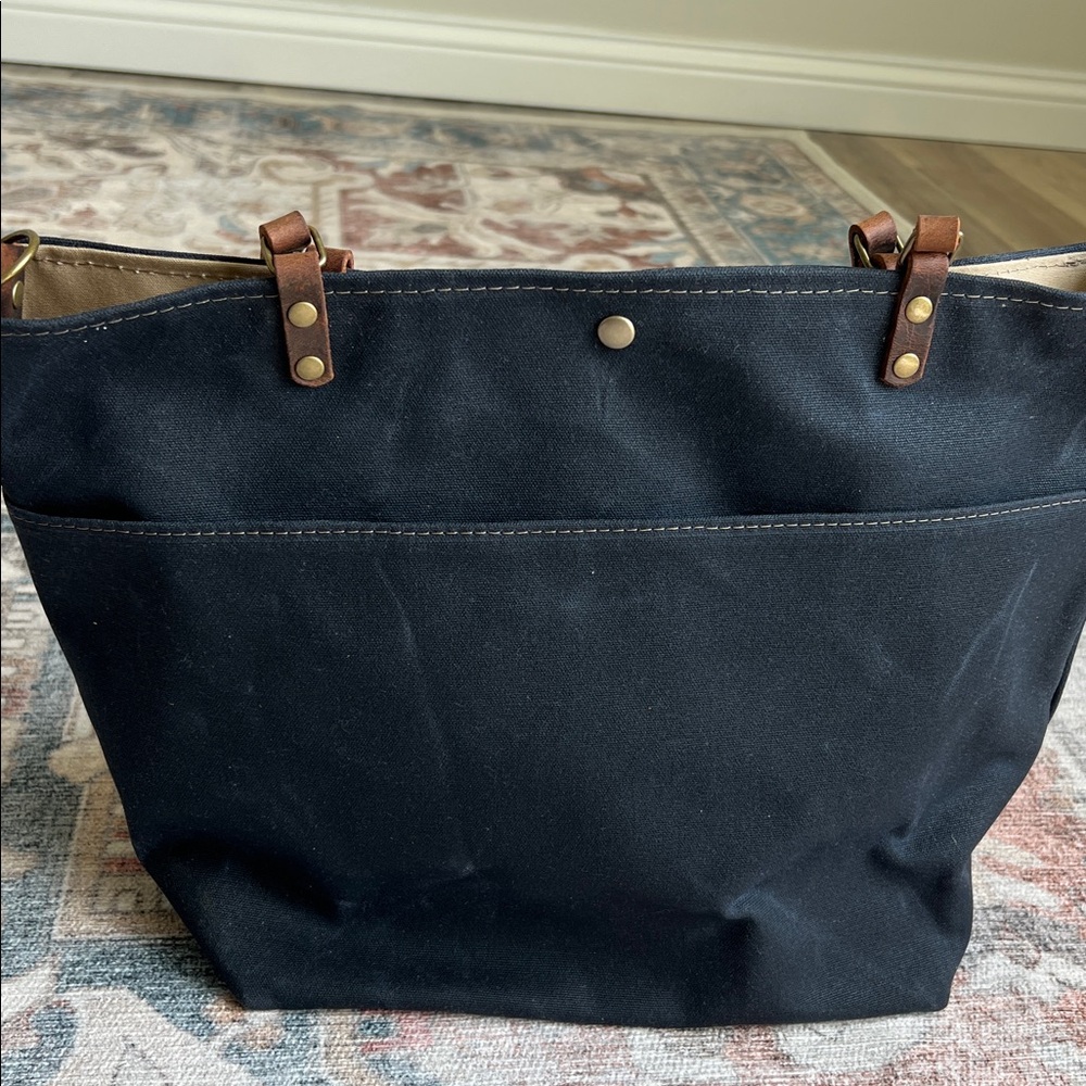 NWOT "In Blue Handmade" Black Waxed Canvas Tote with Brown Leather Handles